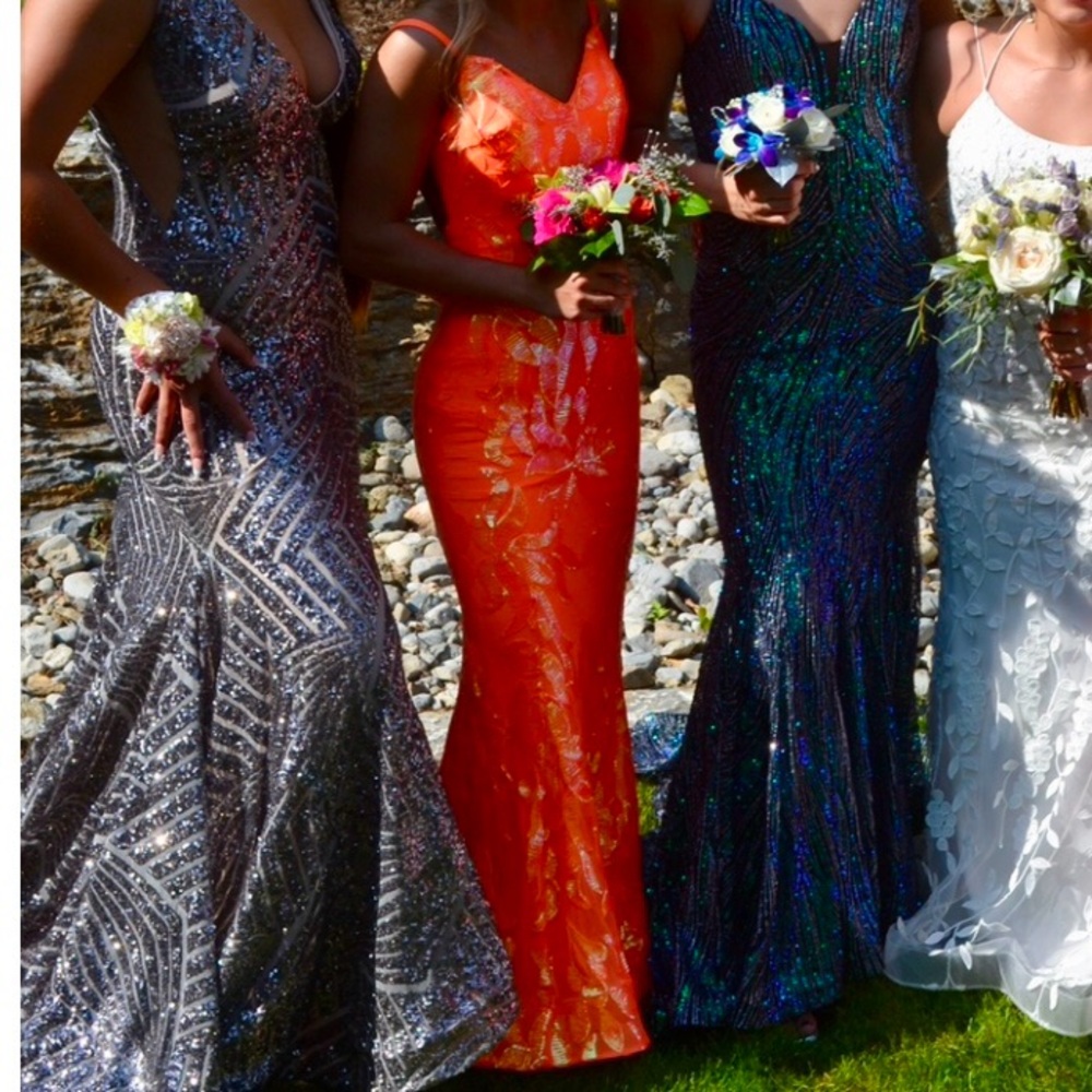 Jovani Neon Orange Sequin Mermaid Prom Dress - Picture 9 of 14